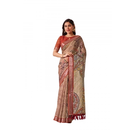 Generic Women's Faux_Linen Printed Saree With Unstitched Blouse 5.5Mtr (Light_Beige)