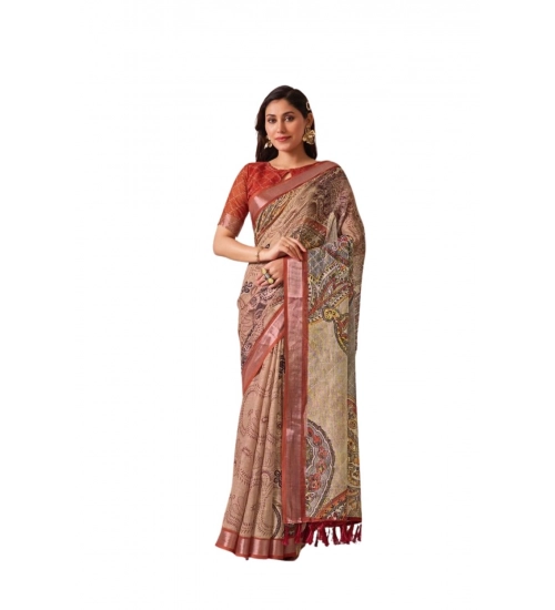 Generic Women's Faux_Linen Printed Saree With Unstitched Blouse 5.5Mtr (Light_Beige)