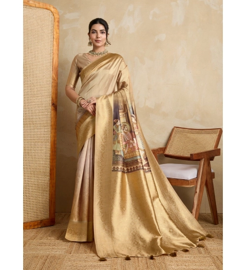 Generic Women's Silk Printed Saree With Unstitched Blouse 5.5Mtr (Gold)