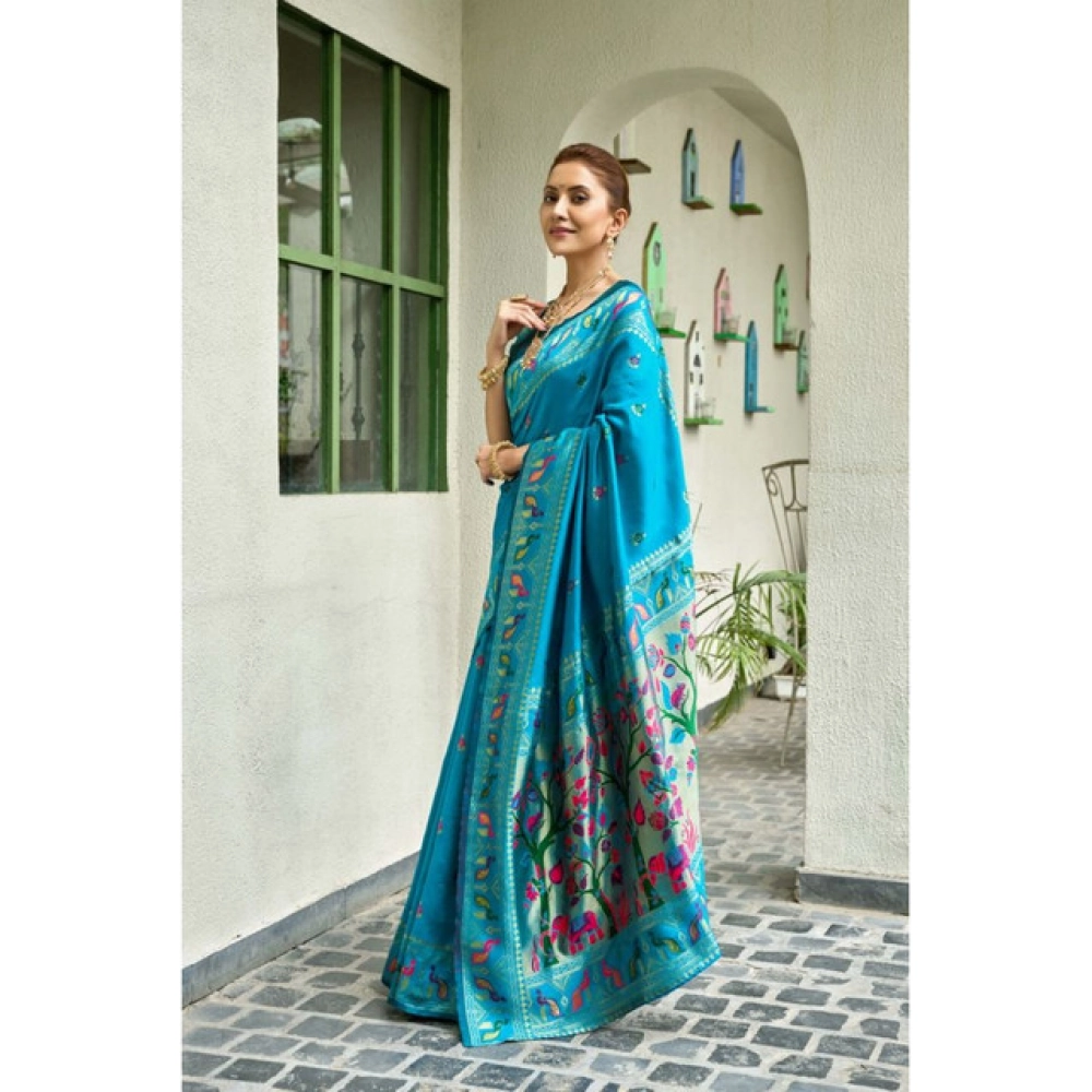 Generic Women's Silk Blend Woven Saree With Unstitched Blouse 5.5 Mtr (Turquoise)