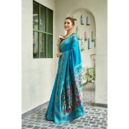 Generic Women's Silk Blend Woven Saree With Unstitched Blouse 5.5 Mtr (Turquoise)