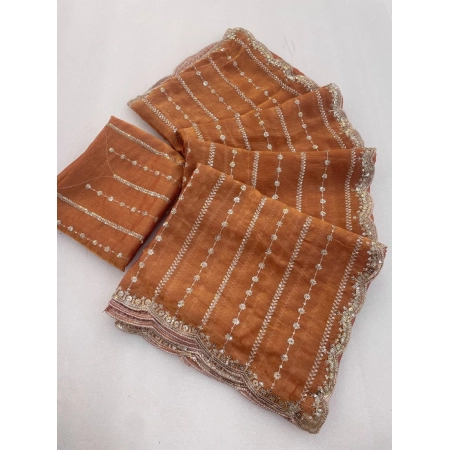 Generic Women's Slik Embellished Saree With Unstitched Blouse 5.5Mtr (Orange)