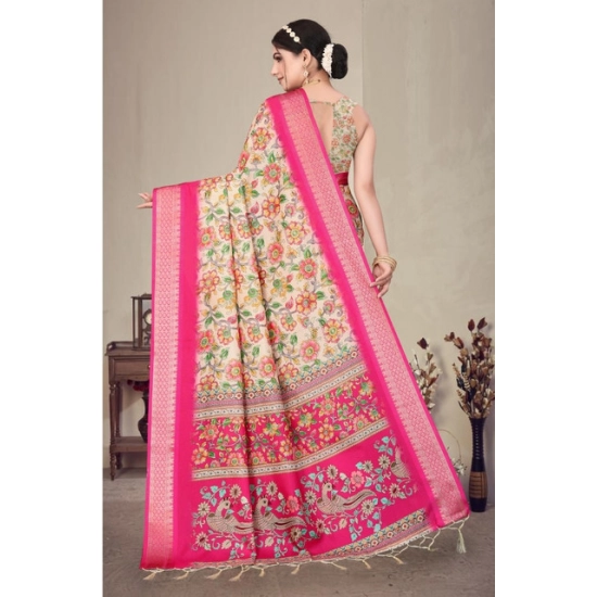 Generic Women's Cotton Silk  Printed Saree With Unstitched Blouse 5.5Mtr (Pink)