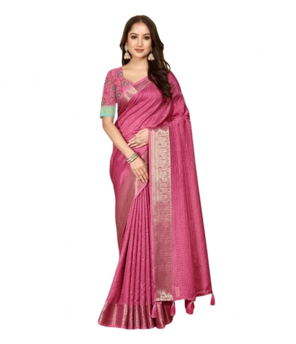 Generic Women's Cotton Blend Checkered Saree With Unstitched Blouse 5.5Mtr (Pink)