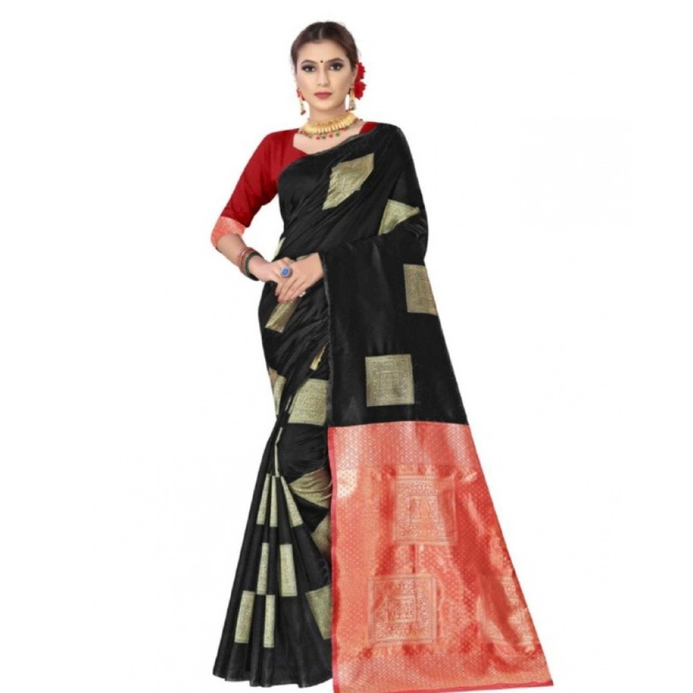 Generic Women's Soft Lichi Silk Printed Saree With Unstitched Blouse 5.5Mtr (Black)