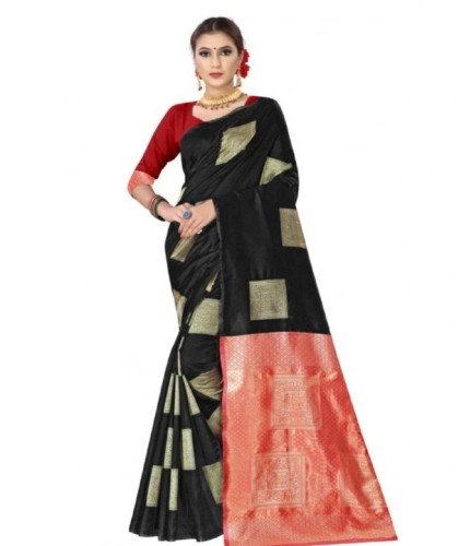 Generic Women's Soft Lichi Silk Printed Saree With Unstitched Blouse 5.5Mtr (Black)
