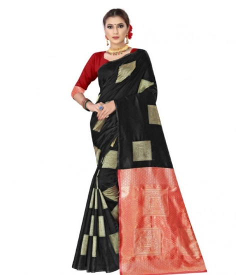 Generic Women's Soft Lichi Silk Printed Saree With Unstitched Blouse 5.5Mtr (Black)