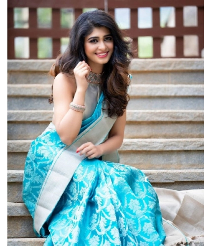 Generic Women's Soft Lichi Silk Printed Saree With Unstitched Blouse 5.5Mtr (Sky-Blue)