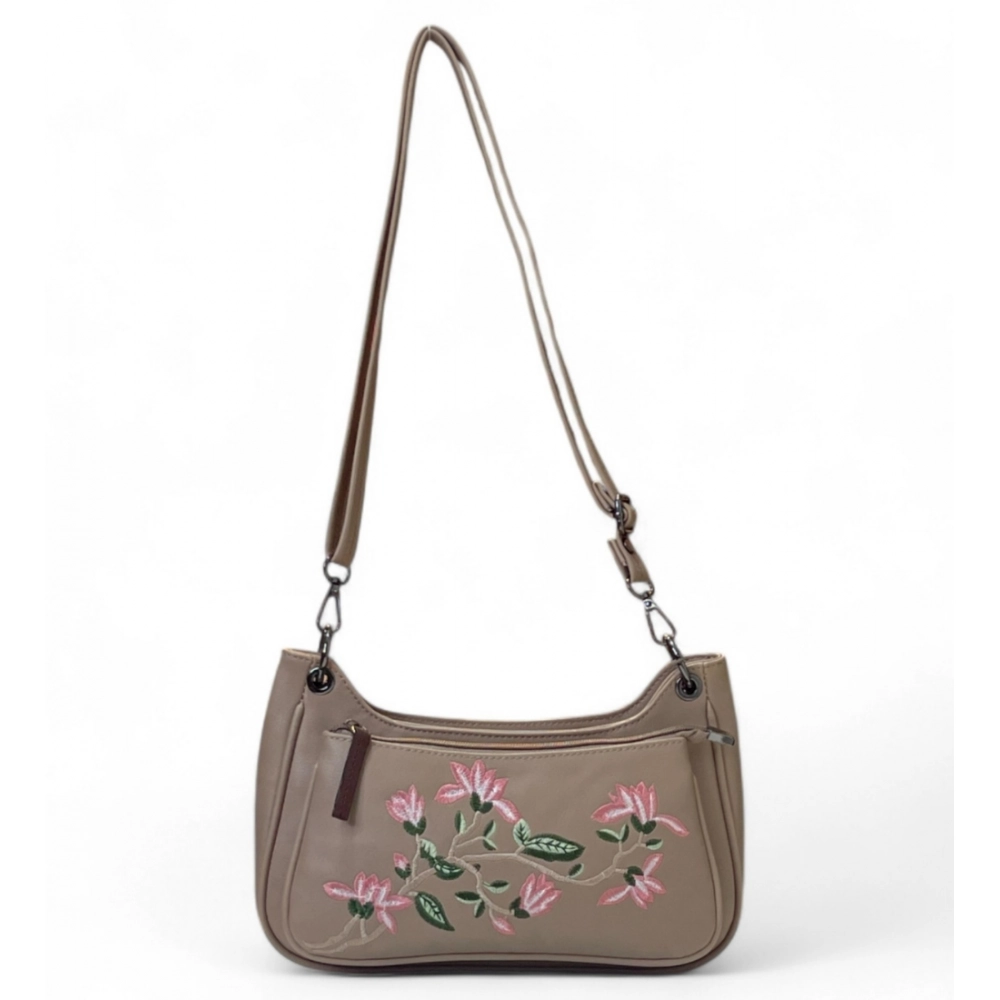 Generic Women's Polyurethane Floral Embroidered Crossbody Sling Bag with Adjustable & Removable Strap (Beige)