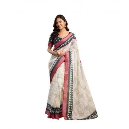 Generic Women's Linen Cotton Printed Ready To Wear Saree With Unstitched Blouse 5.5 Mtr (Off_White)