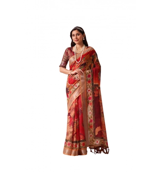 Generic Women's Faux_Linen Printed Saree With Unstitched Blouse 5.5Mtr (Red)