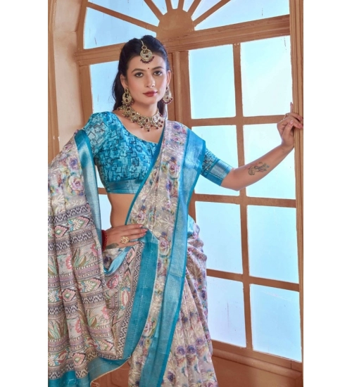 Generic Women's Printed Cotton Linen Saree withPrinted  Saree With Unstitched Blouse (Rust  , 5-6Mtrs)
