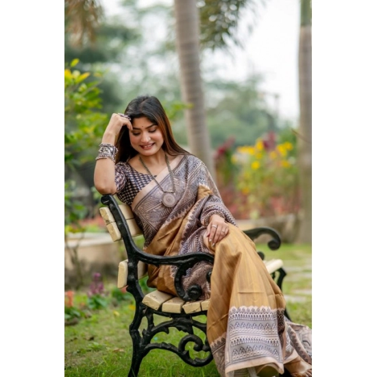 Generic Women's Faux_Tussar Geometric_Print Saree With Unstitched Blouse 5.5Mtr (Mustard) Generic Women's Faux_Tussar Geometric_Print Saree With Unstitched Blouse 5.5Mtr (Mustard)
