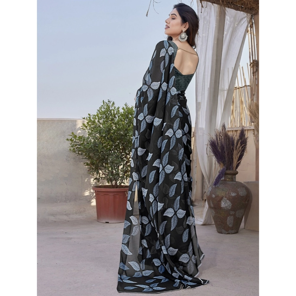 Women's Chiffon Printed Saree With Unstitched Blouse 5.5Mtr (Black)