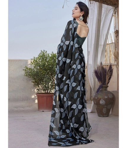 Generic Women's Chiffon Printed Saree With Unstitched Blouse 5.5Mtr (Black)