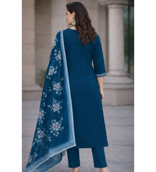 Generic Women's Chanderi Silk Ethnic Motif V-Neck 3/4th Sleeve Kurti With Pant Dupatta Set (Teal) Generic Women's Chanderi Silk Ethnic Motif V-Neck 3/4th Sleeve Kurti With Pant Dupatta Set (Teal)