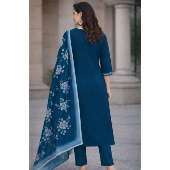Generic Women's Chanderi Silk Ethnic Motif V-Neck 3/4th Sleeve Kurti With Pant Dupatta Set (Teal) Generic Women's Chanderi Silk Ethnic Motif V-Neck 3/4th Sleeve Kurti With Pant Dupatta Set (Teal)
