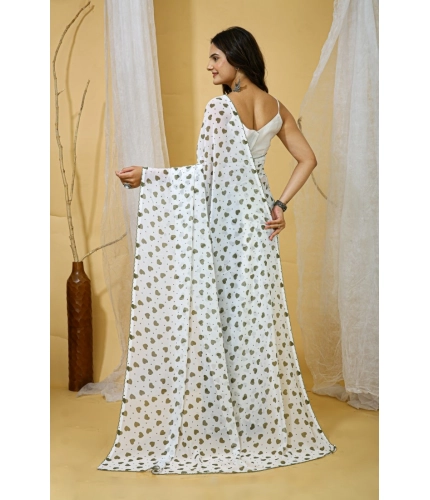 Generic Women's Georgette Printed Saree With Unstitched Blouse 5.5Mtr (White-Grey)