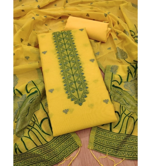 Generic Women's Banarasi Silk Printed Unstitched Salwar Suit Material With Dupatta (Yellow, 3Mtrs)
