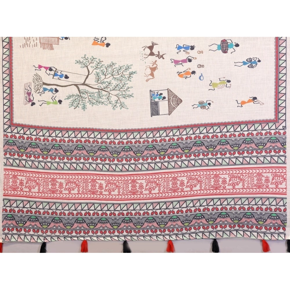 Generic Women's Linen Cotton Printed Saree With Unstitched Blouse 5.5Mtr (Off White)