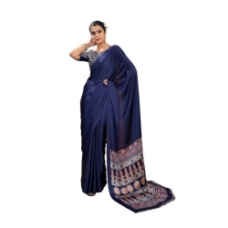 Generic Women's Satin Crepe Printed Saree With Unstitched Blouse 5.5Mtr (Navy Blue)