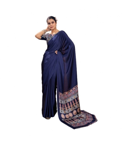 Generic Women's Satin Crepe Printed Saree With Unstitched Blouse 5.5Mtr (Navy Blue)