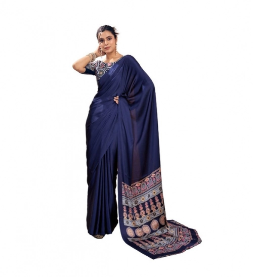 Generic Women's Satin Crepe Printed Saree With Unstitched Blouse 5.5Mtr (Navy Blue)