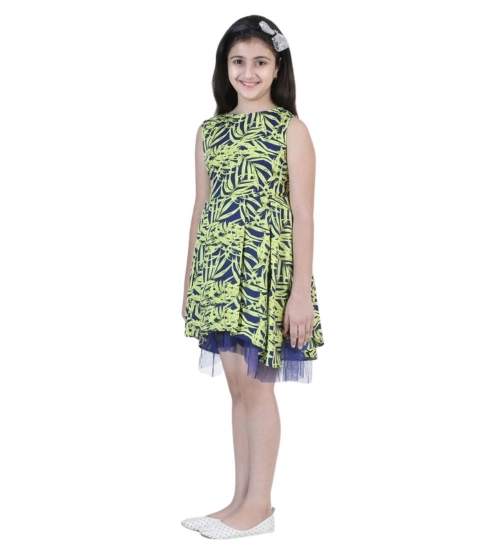 Generic Girl's Polyester Crepe & Net Printed Sleeveless Dress (Yellow-Blue) Generic Girl's Polyester Crepe & Net Printed Sleeveless Dress (Yellow-Blue)