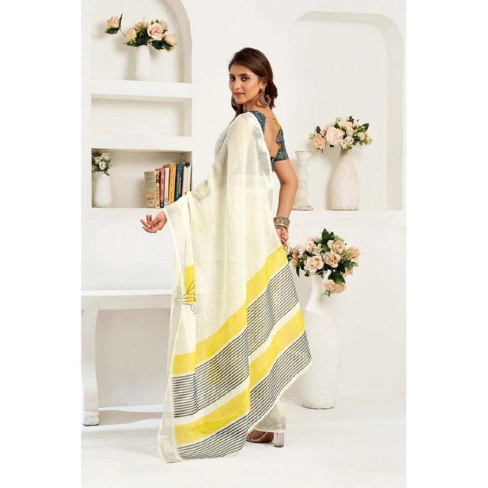 Generic Women's Linen Cotton Printed Ready To Wear Saree With Unstitched Blouse 5.5 Mtr (Off_White)