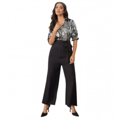 Generic Women's Satin And Polyester Floral Half Sleeves Jumpsuit (Grey - Black)