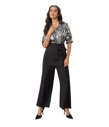 Generic Women's Satin And Polyester Floral Half Sleeves Jumpsuit (Grey - Black)