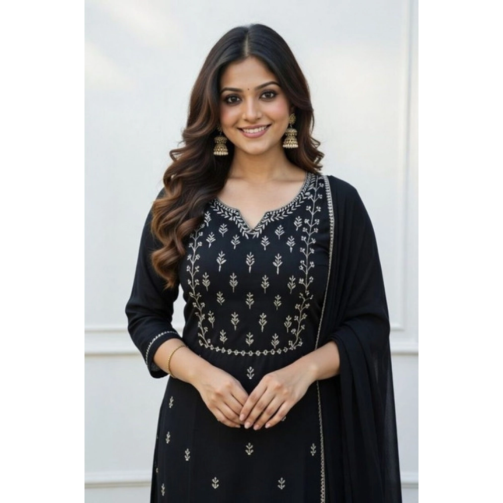Women's Georgette Ethnic Motif Round 3/4th Sleeve Kurti With Pant Dupatta Set (Black)
