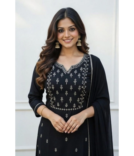 Generic Women's Georgette Ethnic Motif Round 3/4th Sleeve Kurti With Pant Dupatta Set (Black)