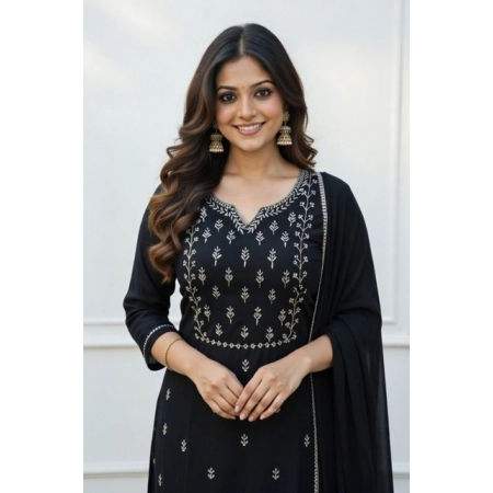 Generic Women's Georgette Ethnic Motif Round 3/4th Sleeve Kurti With Pant Dupatta Set (Black)