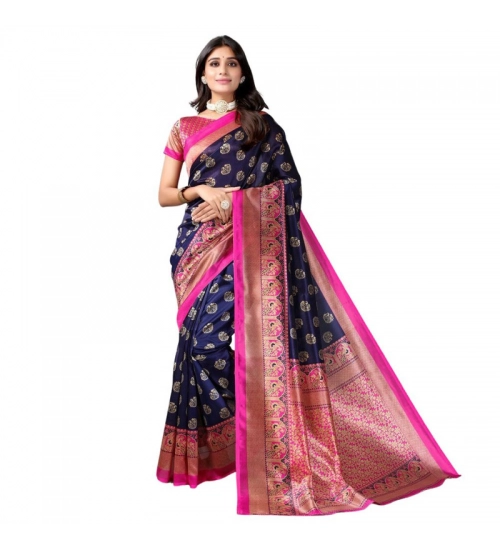 Generic Women's Litchi silk Printed Saree With Unstitched Blouse  5-6 Mtrs (Navy Blue)