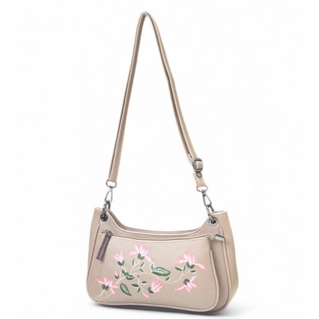 Generic Women's Polyurethane Floral Embroidered Crossbody Sling Bag with Adjustable &amp; Removable Strap (Beige)
