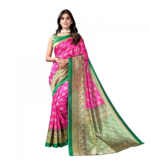 Generic Women's Litchi silk Printed Saree With Unstitched Blouse  5-6 Mtrs (Pink)