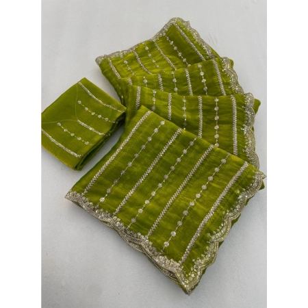 Generic Women's Slik Embellished Saree With Unstitched Blouse 5.5Mtr (Olive Green)