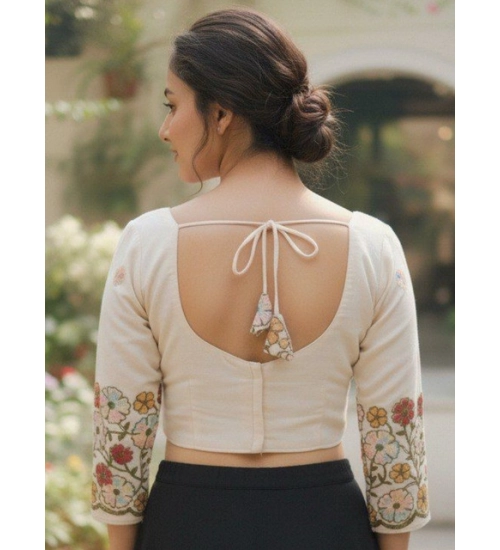 Generic Women's Cambric Cotton Round Neck Padded Blouse (White, 38 Ready Size (Self-Alterable 36–40)