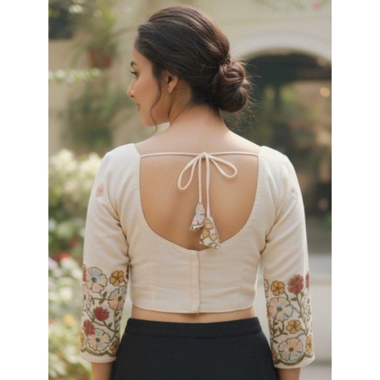 Generic Women's Cambric Cotton Round Neck Padded Blouse (White, 38 Ready Size (Self-Alterable 36–40)