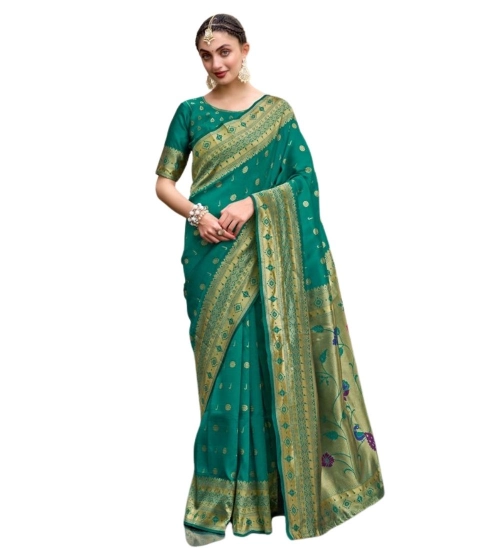 Generic Women's Silk Blend Paithani Weaving Saree With Unstitched Blouse 5.5Mtr (Green)