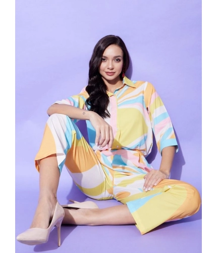 Generic Women's Polyester Colour Blocking 3-4th Sleeve Co-Ord Set (Multicolor)