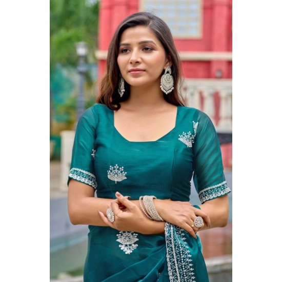 Generic Women's Faux Shimmer Floral Embroidery Ready to wear Saree With Unstitched Blouse 5.5Mtr (Teal) Generic Women's Faux Shimmer Floral Embroidery Ready to wear Saree With Unstitched Blouse 5.5Mtr (Teal)
