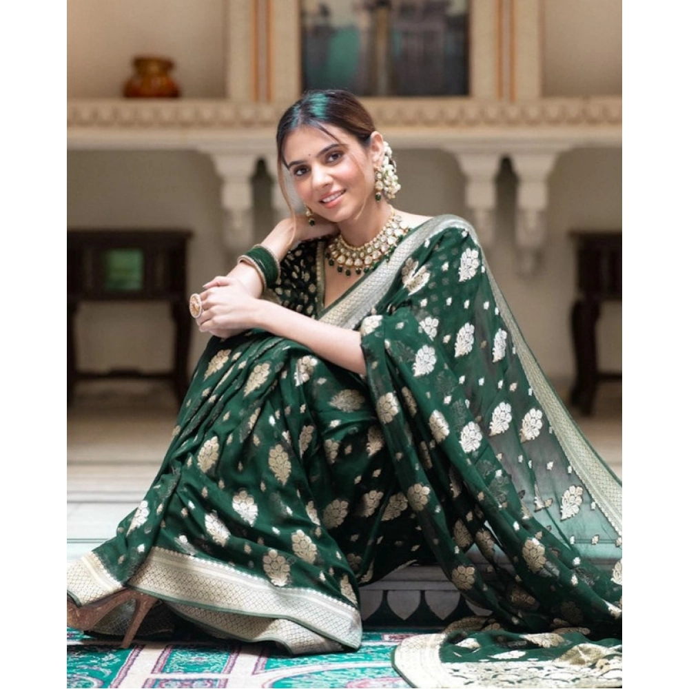 Generic Women's Soft Lichi Silk Printed Saree With Unstitched Blouse 5.5Mtr (Green)