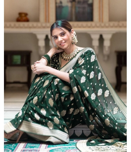 Generic Women's Soft Lichi Silk Printed Saree With Unstitched Blouse 5.5Mtr (Green)