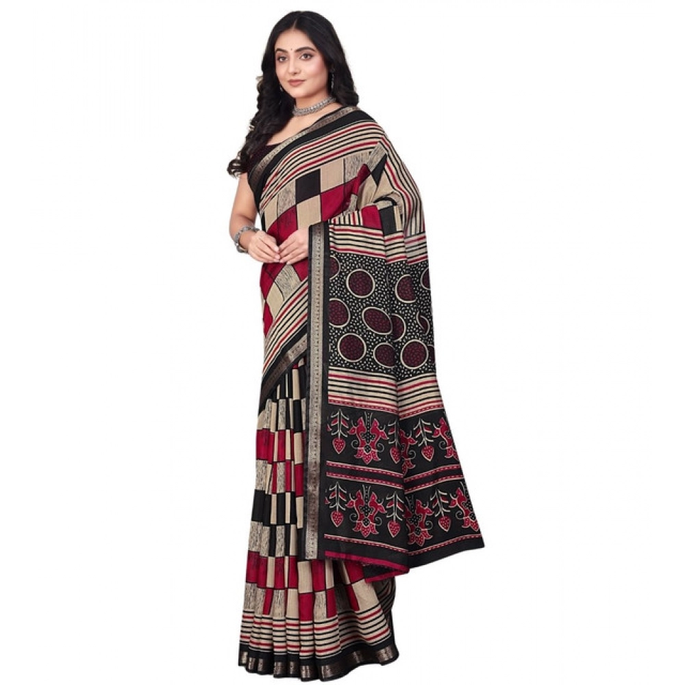 Women's Dupion Silk Block Printed Saree With Unstitched Blouse 5.5Mtr (Multicolor)