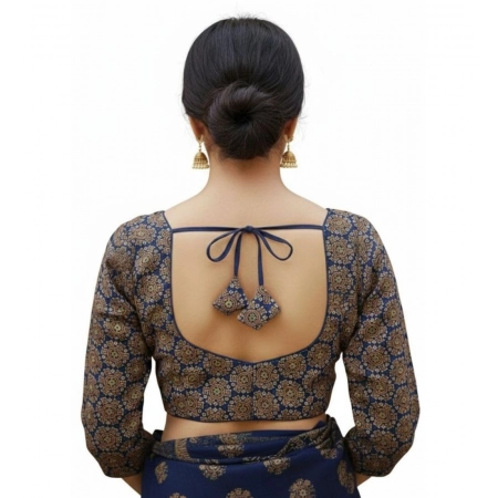 Generic Women's Ajrakh Cotton Halter Neck Padded Blouse (Navy, 38 Ready Size (Self-Alterable 36–40)