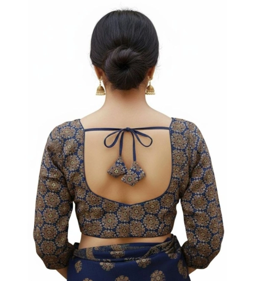 Generic Women's Ajrakh Cotton Halter Neck Padded Blouse (Navy, 38 Ready Size (Self-Alterable 36–40)