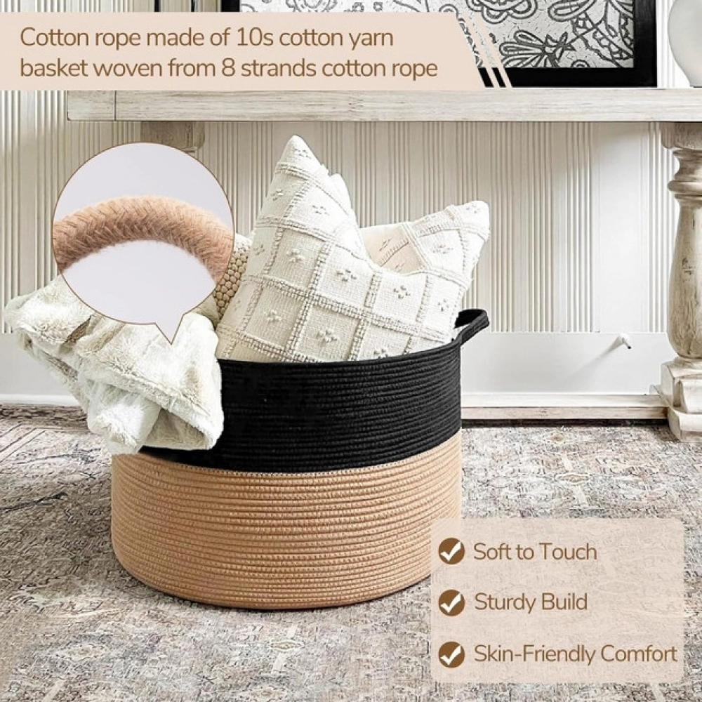 Generic Cotton Pack Of_1 16x14 Inch Storage Basket For Clothes With Out Lid (Black-Beige)