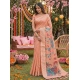 Generic Women's Linen Cotton Floral Embroidered Saree With Unstitched Blouse 5.5Mtr (Peach)